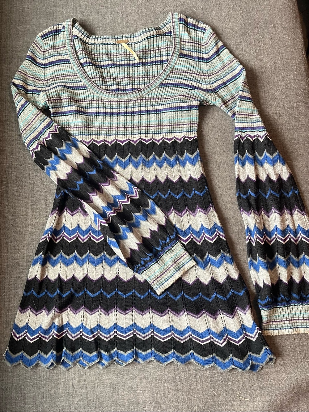 Free People Striped Chevron Knit Top in Blue, Black & Cream